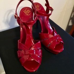 Red Patent Leather Open Toe Platform Heels